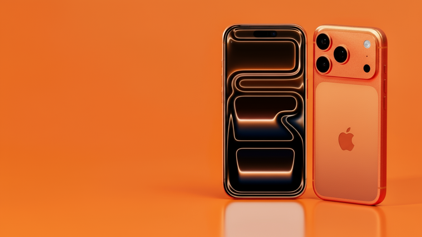 Two smartphones, one black and one orange with Apple logo, on an orange background